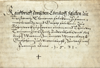 Purchase of Village of Wettin by Christoffel Falcken zu Triestewitz Purchase Letter Village of Wettin in 1531.png