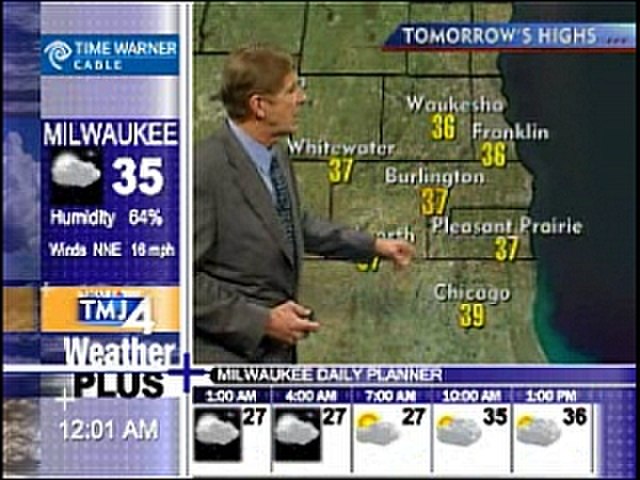Local version of NBC Weather Plus from Milwaukee's WTMJ-TV, showing an ad in the top-left corner, local branding above the Weather Plus logo, and time