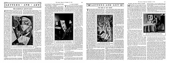 Albert Gleizes, Broadway (1915), Gleizes in his New York studio with Jazz (1915); Marcel Duchamp's Nude Descending a Staircase, No. 2; Jean Crotti in his studio. The European Art-Invasion, The Mob as Art Critic, The Literary Digest, Letters and Art, 27 November 1915. pp. 1224-1227