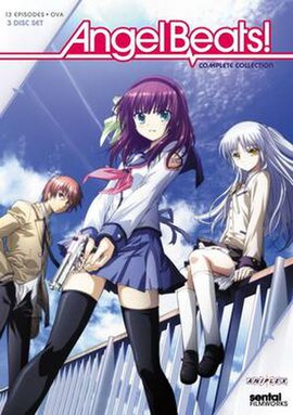 Cover art of the Angel Beats! DVD compilation set released by Sentai Filmworks, featuring main characters (from left to right) Yuzuru Otonashi, Yuri N