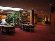 Currier dining hall with its stone fountain Currier dining hall.jpg