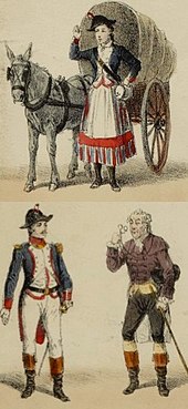 colourful costume designs of a young woman with a donkey, a young man in early 19th century French officer's uniform, and an older man in costume of the same period; he is peering through a lorgnette