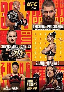UFC 275: Teixeira vs. Procházka is an ongoing mixed martial arts event produced by the Ultimate Fighting Championship taking place on June 12, 2022, at Singapore Indoor Stadium in Kallang, Singapore.
