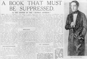 Reproduction of a London newspaper, headline reading "A Book That Must Be Suppressed" and Radclyffe Hall's portrait: a woman wearing a suit jacket and bow tie with a black matching skirt. Her hair is slicked back, she wears no make-up, in one hand is a cigarette and her other hand is in her skirt pocket.