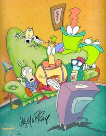 From clockwise: Bev, Ed Bighead, Filbert, Heffer, Rocko, Spunky Rocko's Modern Life promo characters.webp