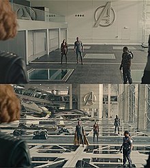 The original shot (top) of the new Avengers training facility and the completed shot (bottom) with CG interiors added by Method Studios Avengers training facility VFX in Avengers Age of Ultron.jpg