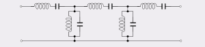 Circuit diagram depicting a ladder topology filter. The series branches consist of series LC circuits (three total) and the shunt branches consist of shunt LC circuits (two total).