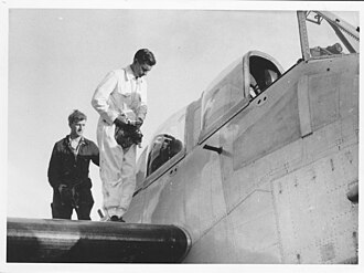 Wally Runciman climbs into the cockpit for the first flight of the Seamew XA209 prototype Short SB6 Seamew XA209 first flight.JPG