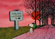 Snoopy's journey across the French countryside has been praised for its art and animation. The backgrounds were painted rather than drawn, and it is the only scene to use linear perspective. Snoopy in "It's the Great Pumpkin, Charlie Brown".png