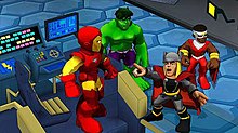 Four squad members (from left to right) Iron Man, Hulk, Thor and Falcon