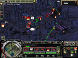 Recon Infantry regiments fighting near a Corps HQ with an Infantry Division HQ on fire. Axis & Allies RTS gameplay.png