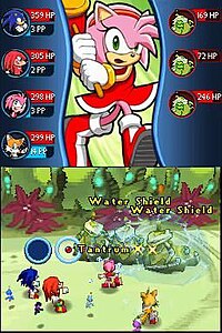 A battle scenario in Sonic Chronicles, the player uses the stylus to select their next action. Battle in Sonic Chronicles.jpg
