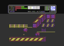 The bugs tore through the fence near the solar panel field (Atari 8-bit screenshot) Colony Atari 8-bit PAL screenshot.png