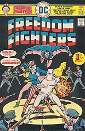 Cover to Freedom Fighters #1 (April 1976), art by Ernie Chan. Freedom Fighters 1.jpg