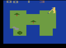 A course in Golf. The course is the green patches while the blue background represents the rough. Golf-Atari2600.png