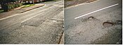 A picture of a Banbury road's pot-holes during 2010. The Banbury Cake and the Banbury Review newspapers did an expose on the weather-induced potholes during the second week of January 2010. They were filled in by May 2010, due to media pressure. The filled in one is from 2011. Bretchill pot hole 2011.jpg