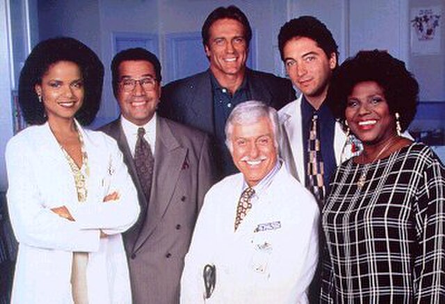 The cast, 1993–1995: Victoria Rowell, Michael Tucci, Barry Van Dyke, Scott Baio, and Delores Hall, with Dick Van Dyke in the center