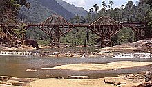 The bridge at Kitulgala, Sri Lanka, before the explosion seen in the film.