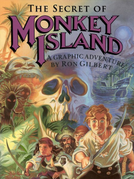 Steve Purcell's cover art depicts primary characters Guybrush Threepwood and Elaine Marley, as well as several auxiliary characters.