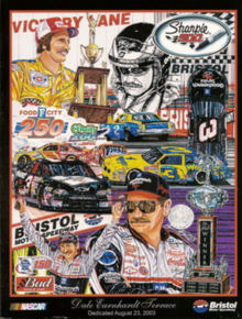 The 2003 Sharpie 500 program cover, celebrating the newly built Dale Earnhardt Terrance built at the track. Artwork by Sam Bass. The painting is called "Terrence Dedication".