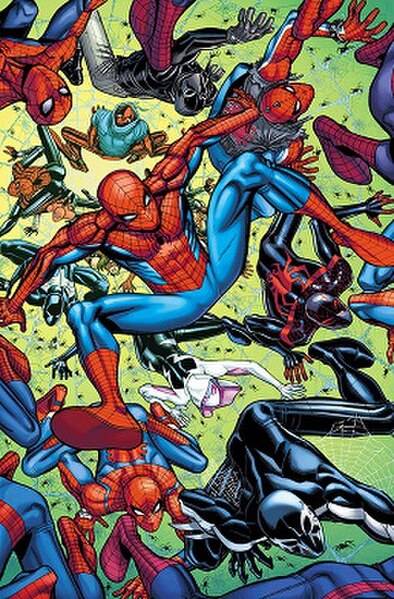 The many versions of Spider-themed characters as seen in the Spider-Geddon storyline. Art by Nick Bradshaw.