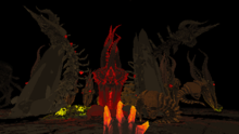 The player character is looking at a set of approaching enemies. Daggers are fired from the fingers of their outstretched hand. Devil daggers screenshot.png