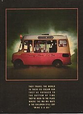 KLF Communications' advert for Justified & Ancient, with a quote from the lyrics: They travel the world in their ice cream van, they've voyaged to the bottom of time. They've been to the place where the Mu-Mu mate, and the children still cry 'Mine's a 99!'