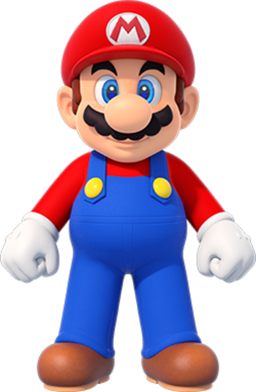 3D give of the cartoon plumber with the mustache, a large round nose, a red cap with the letter M, a red shirt, blue overalls, in addition to brown shoes.