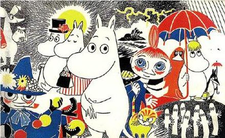 The Moomins, comic book cover by Tove JanssonFrom left to right: Sniff, Snufkin, Moominpappa, Moominmamma, Moomintroll (Moomin), the Mymble's daughter