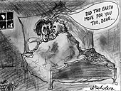 A cartoon showing a man and a woman in bed together with balloon caption "Did the earth move for you too dear?"