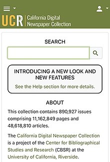 Screenshot of California Digital Newspaper Collection website on mobile device Screenshot of California Digital Newspaper Collection website on mobile device.jpeg