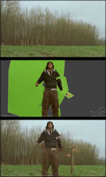 A montage of the process in rendering the death scene of Rory (Cherry). In the first image, a wide-angle view of Campbell River is shot for background