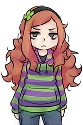 4chan users designed the character Vivian James to be used in the winning entry of TFYC's game design competition; her striped sweatshirt is a reference to a visual rape joke that became a viral 4chan meme. Vivian James.jpg