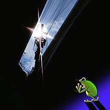 A cartoon frog knelt against glass, looking up toward a gleaming utility pole through a skylight window.