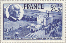 French Postage Stamp LE MARECHAL INSTITUA LA CORPORATION PAYSANNE issued 24 April 1944.png