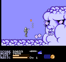 Kuros battles the game's first boss, the Wind Elemental. In developing the game's bosses, Ste Pickford tried to fill as much of the screen and to use as few moving sprites as possible. Ironsword.png