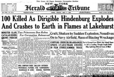 New York Herald Tribune cover on May 7, 1937, covering the Hindenburg disaster