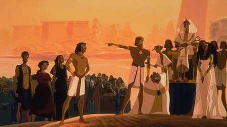 A promotional image of the characters from the film. From left to right: Aaron, Miriam, Tzipporah, Moses, Rameses, Hotep, Huy, Pharaoh Seti and Queen 