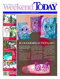 An article in Today newspaper on 18 March 2006 describes the issues concerning political websites during election period. Anonymous bloggers are depicted as faces covered by paper bags. Today, bloggers at elections dot net.jpg