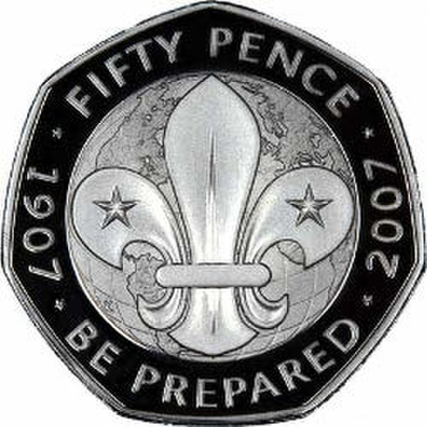 A 2007 British fifty pence coin commemorating the 100th anniversary of the founding of the Scout Movement