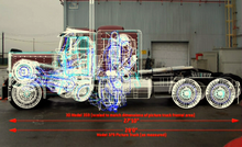 The filmmakers incorporated valid physics into their designs, establishing the necessity for a robot's size to correspond to that of its disguise. The layout of Optimus Prime's robotic body within his truck mode is seen here.