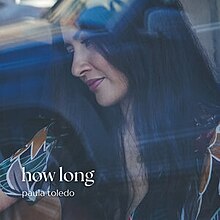 The image shows a woman with long dark hair looking down pensively. The image was taken through a window, which reflects the surroundings and creates a soft blue filter effect. The text "How Long" and "Paula Toledo" is written in a white, lowercase serif font at the bottom of the image.