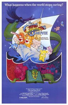 Various Care Bears, alongside the Care Bear cousins are sailing aboard a ship made of clouds. On its sails are a star and the film's title logo; two young bears named Baby Hugs and Tugs, are swinging upon ropes attached to them. Above, an eagle swoops above the menagerie; a green face within a book, and several of the film's scenes (in different tints), dominate the lower portion of the artwork.