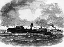 Harper's Weekly illustration from 1863 of USS Keokuk sinking. USS Keokuk sinking 1863.JPG