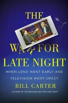 A blue book cover with its title written in yellow lettering. A television showing Conan O'Brien pointing a finger at Jay Leno is squeezed between the title's words in the center.