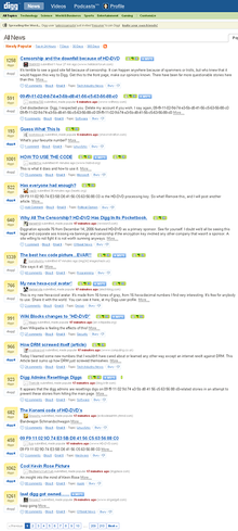 Screenshot of the Digg front page during the user revolt; almost all of the stories are related to the HD-DVD key. HD DVD Night Digg Frontpage before rose blog post screenshot.png