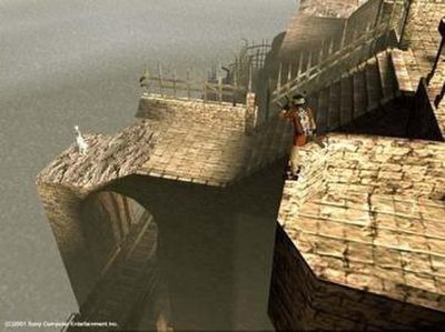 Ico (right) calls out to Yorda (left) while she waits on the ruined castle. The game's graphics feature soft light techniques.