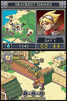 Screenshot of the Nintendo DS version of the game. Players monitor the map and timer on the top screen, and control Lock with touch controls on the lower screen. Locks quest DS screenshot.jpg