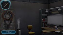 A screenshot of an Escape section room, containing a desk on the right, and a tapestry depicting a person holding a candle on the left. The player's currently held item – a syringe – is displayed in the top left corner of the screen.
