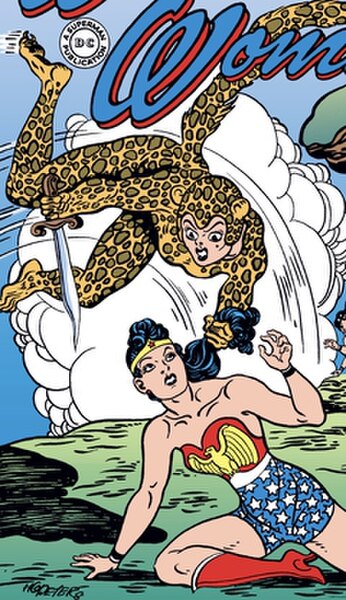 The Golden Age Cheetah Priscilla Rich grapples with Wonder Woman on the cover of Wonder Woman vol. 1 #6 (1943); art by Harry G. Peter.